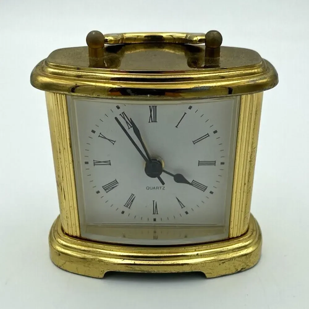 Gold Metal Desk/Mantel Vtg Clock Quartz Battery Analog Roman Numerals Wrks